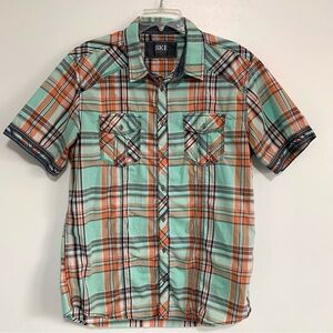 BKE men’s short sleeve button-down shirt, turquoise blue orange grey, cowboy